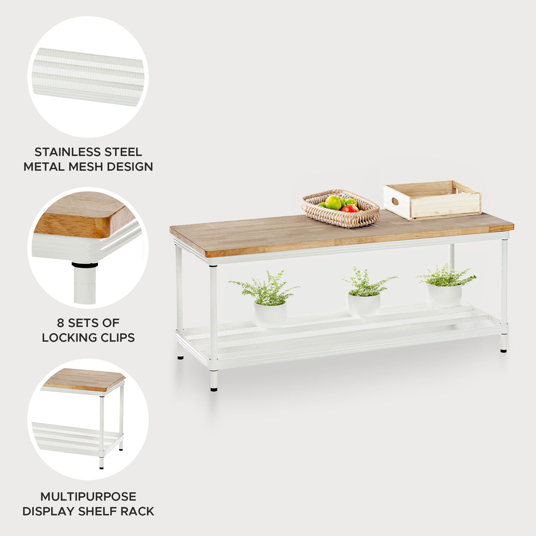 Design Ideas MeshWorks 2 Tier Wood Top Metal Storage Shelving Unit Rack, White - VMInnovations