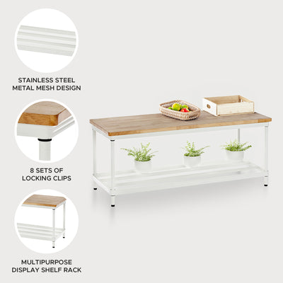 Design Ideas MeshWorks 2 Tier Wood Top Metal Storage Shelving Unit Rack, White