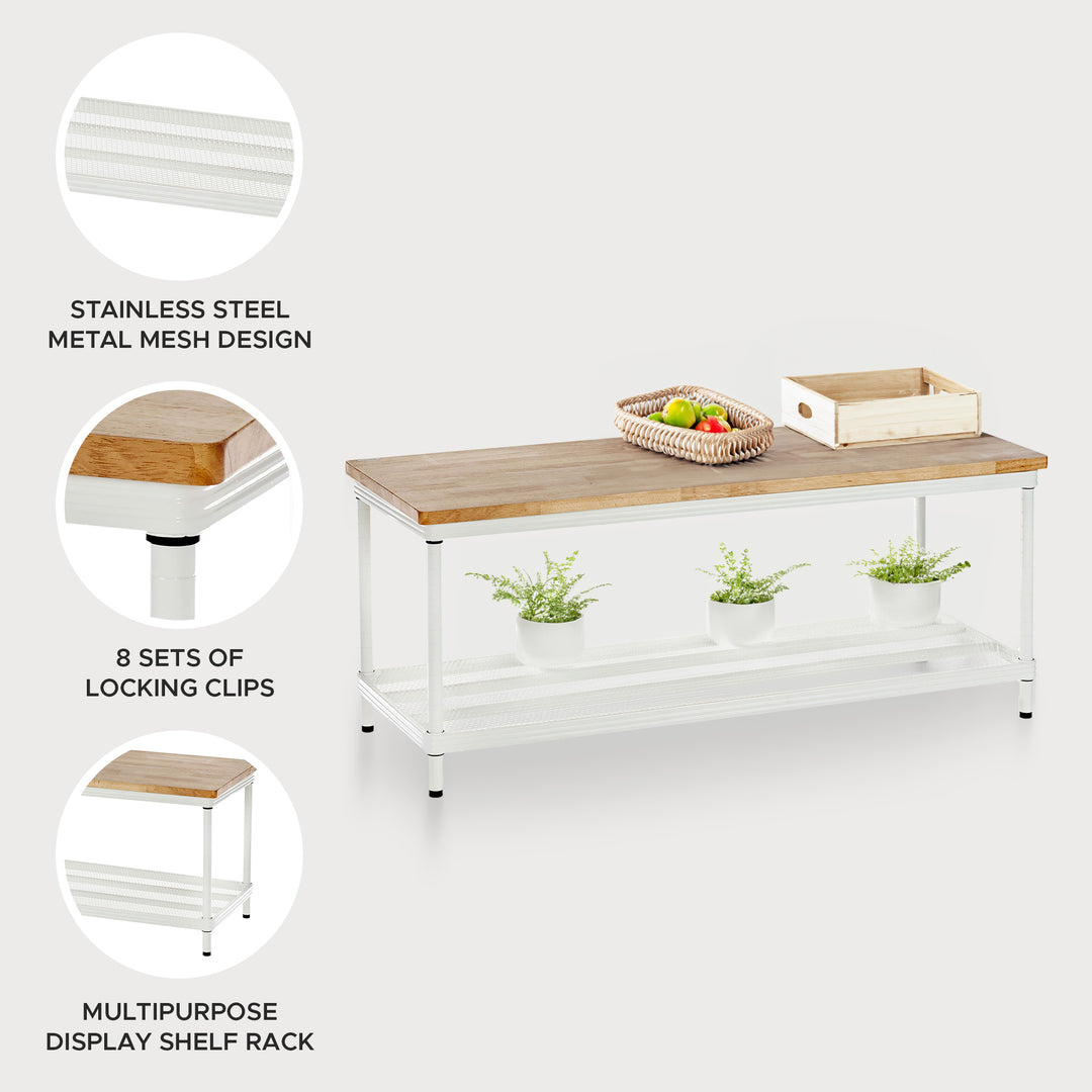 Design Ideas 2 Tier Wood Top Metal Storage Shelving Rack, White (Open Box)