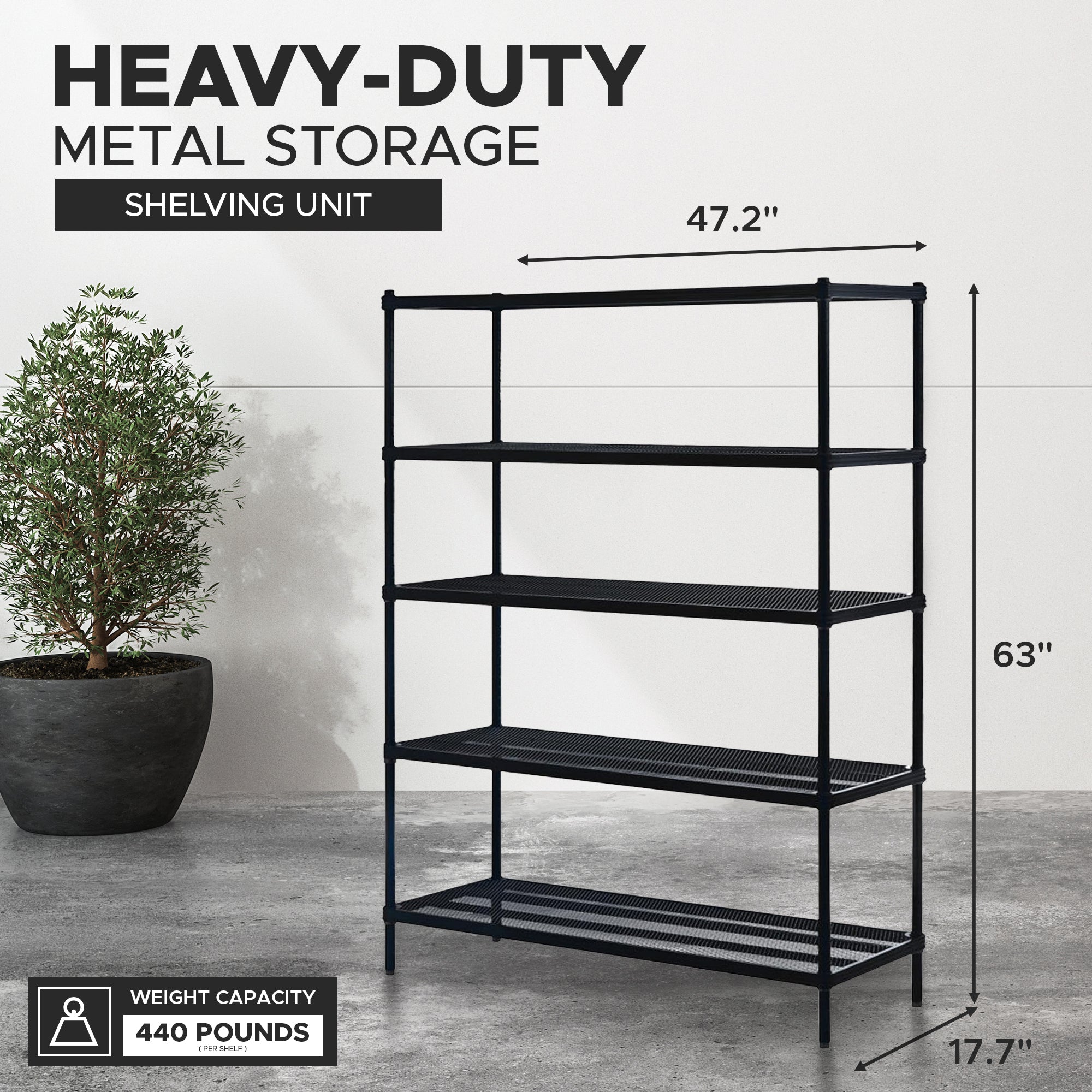 Design Ideas 5 Tier Full-Size Metal Storage Shelving Unit Rack, Black (Used) - VMInnovations