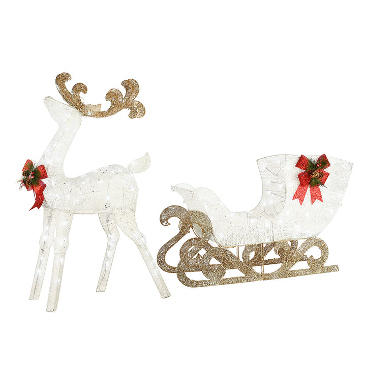 National Tree Company Pre Lit White Sisal Reindeer & Sleigh Decor (Used)