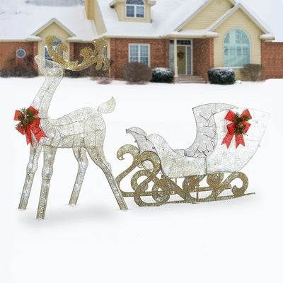National Tree Company Pre Lit White Sisal Reindeer & Sleigh Decor (Used) - VMInnovations