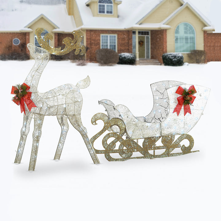 National Tree Company Pre Lit White Sisal Reindeer & Sleigh Decor (Used)