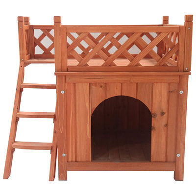 Aleko Indoor Outdoor Cedar Wooden Pet Dog House With Side Steps and Balcony