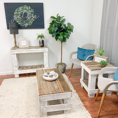 del Hutson Designs Reclaimed Barnwood Farmhouse Rustic End Table, Natural/White