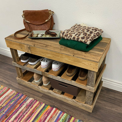 del Hutson Designs 39 Inch Rustic Chic Solid Barnwood Styled Shoe Rack, Natural