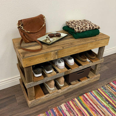 del Hutson Designs 39 Inch Rustic Chic Solid Barnwood Styled Shoe Rack, Natural