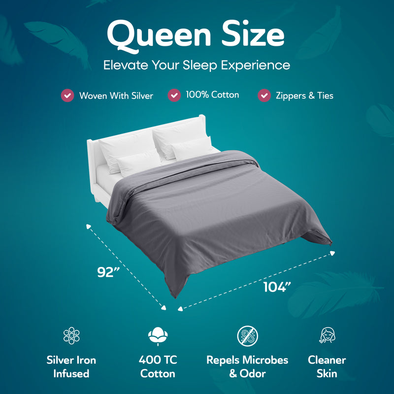 Sleepgram =400 Thread Count Cotton Duvet Cover & Bag, Queen, Grey (Open Box)