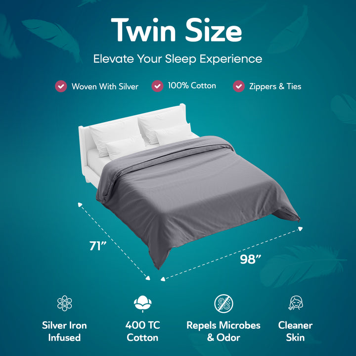 Sleepgram Supima 400 Thread Count Cotton Duvet Cover with Travel Bag, Twin, Grey - VMInnovations