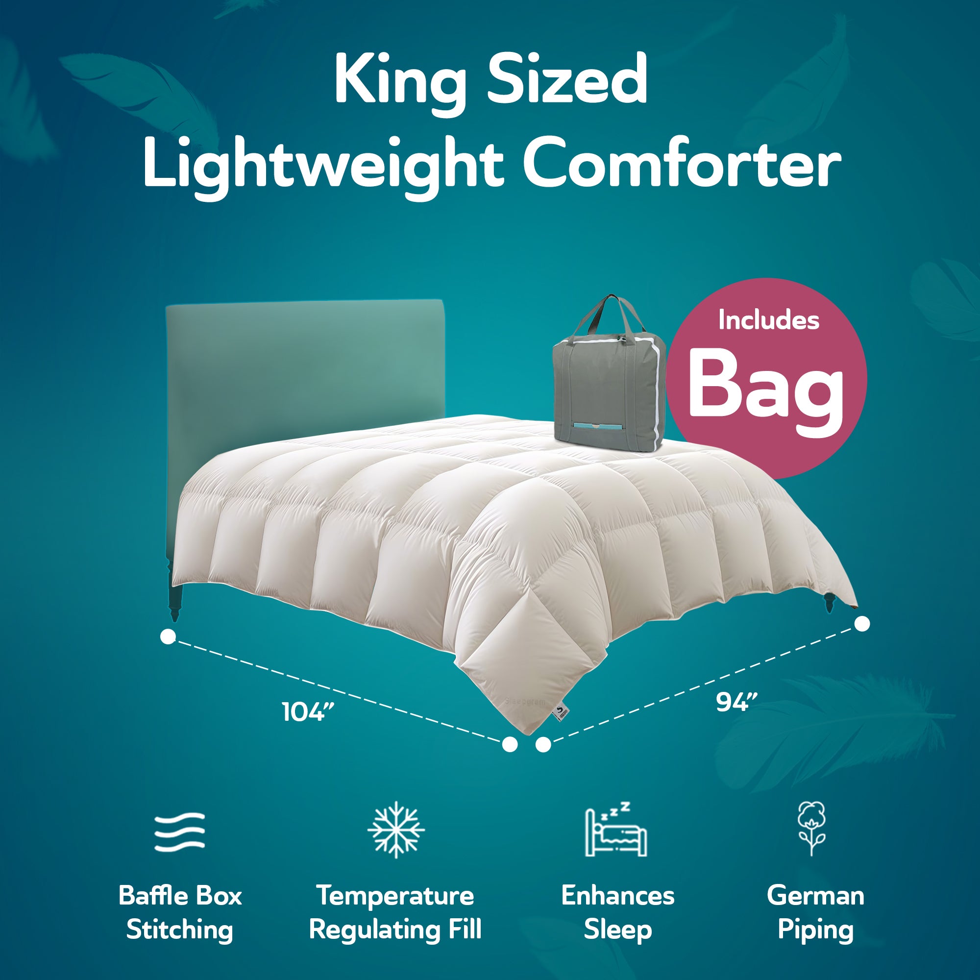 Sleepgram King Sized Lightweight Embroidered Cotton Comforter, White (Used)