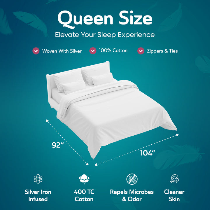 Sleepgram Supima 400 Thread Count Cotton Duvet Cover w/ Travel Bag, Queen, White