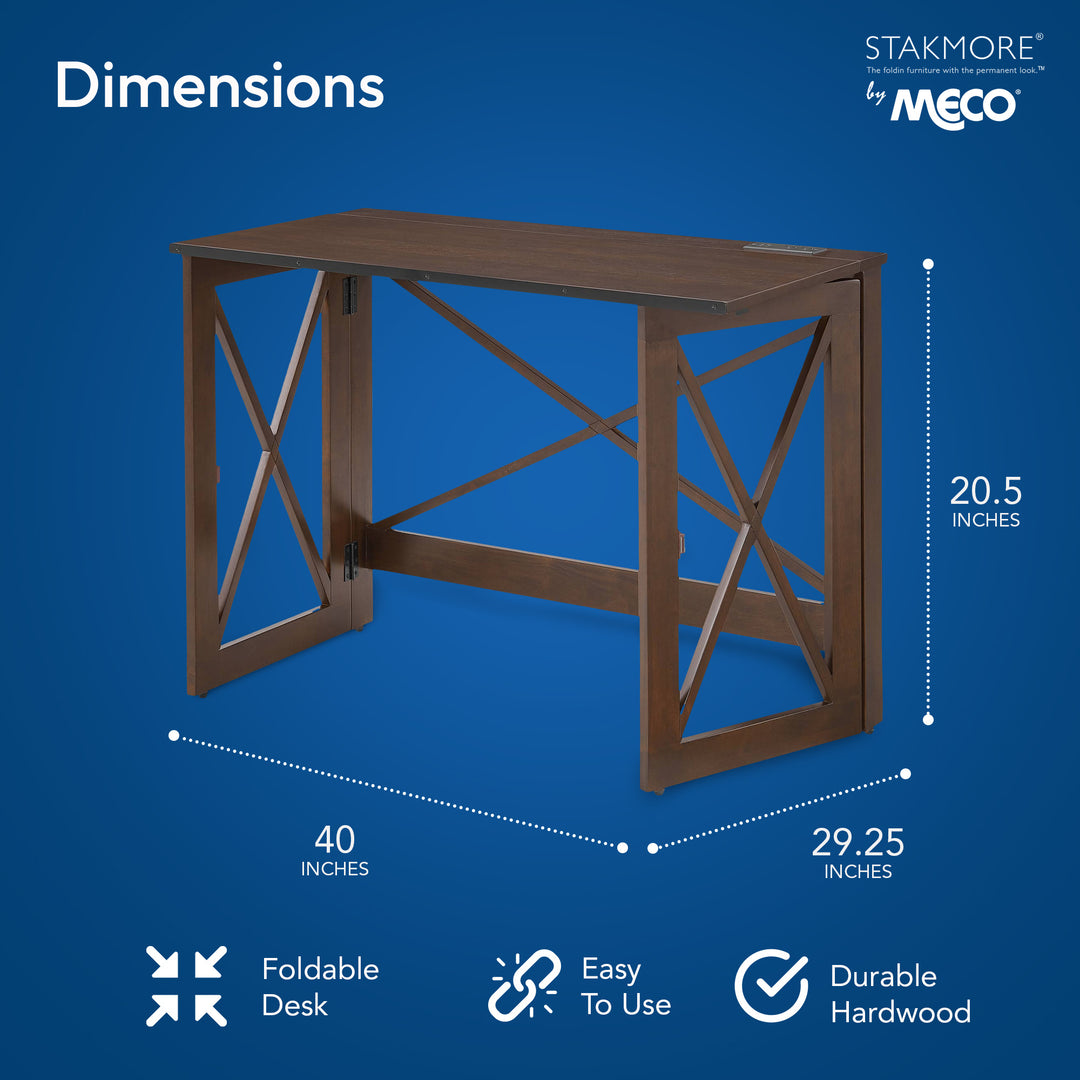 MECO Stakmore Stylish Versatile Folding Desk with Built In Outlets, Espresso