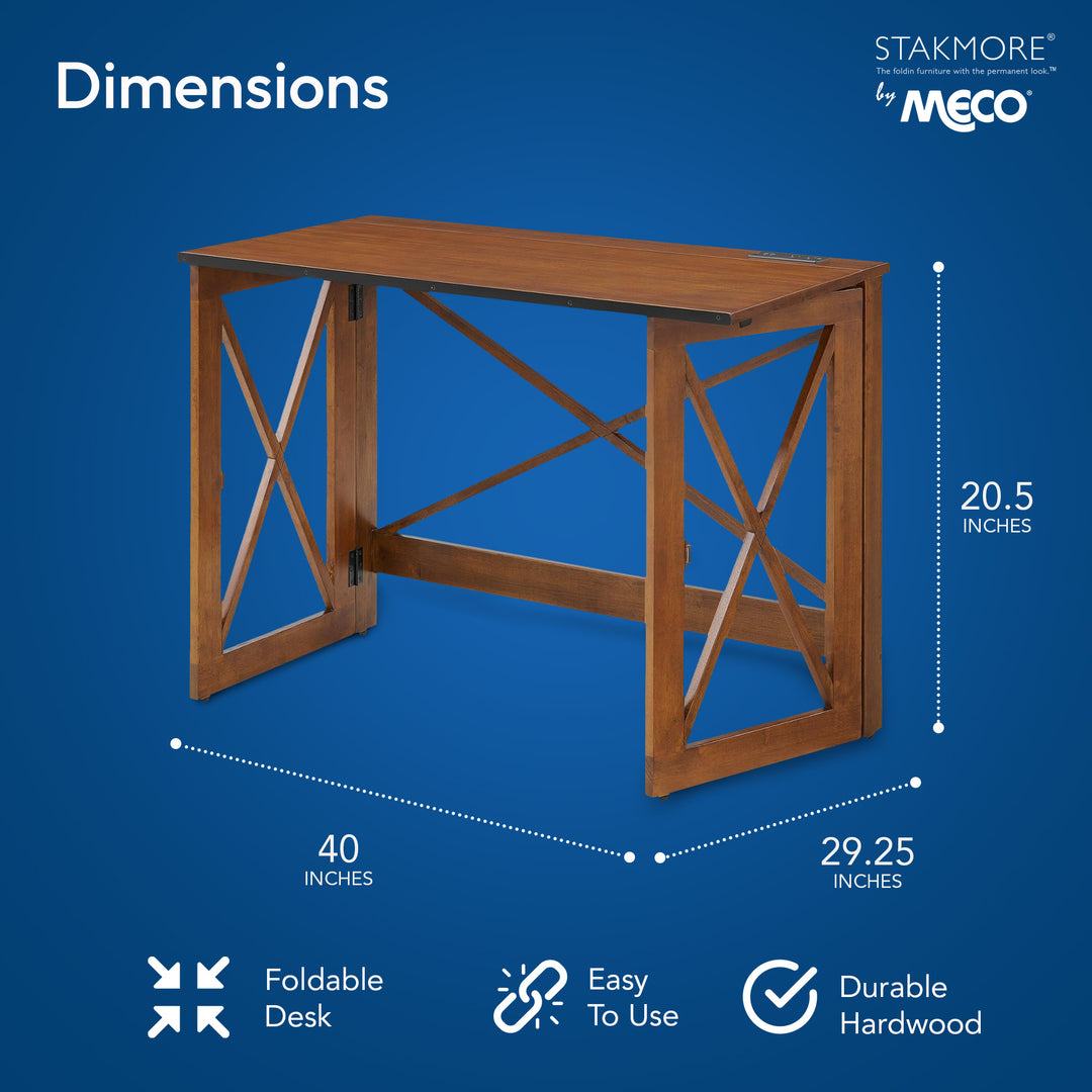 MECO Stakmore Stylish Versatile Folding Desk with Built In Outlets, Fruitwood