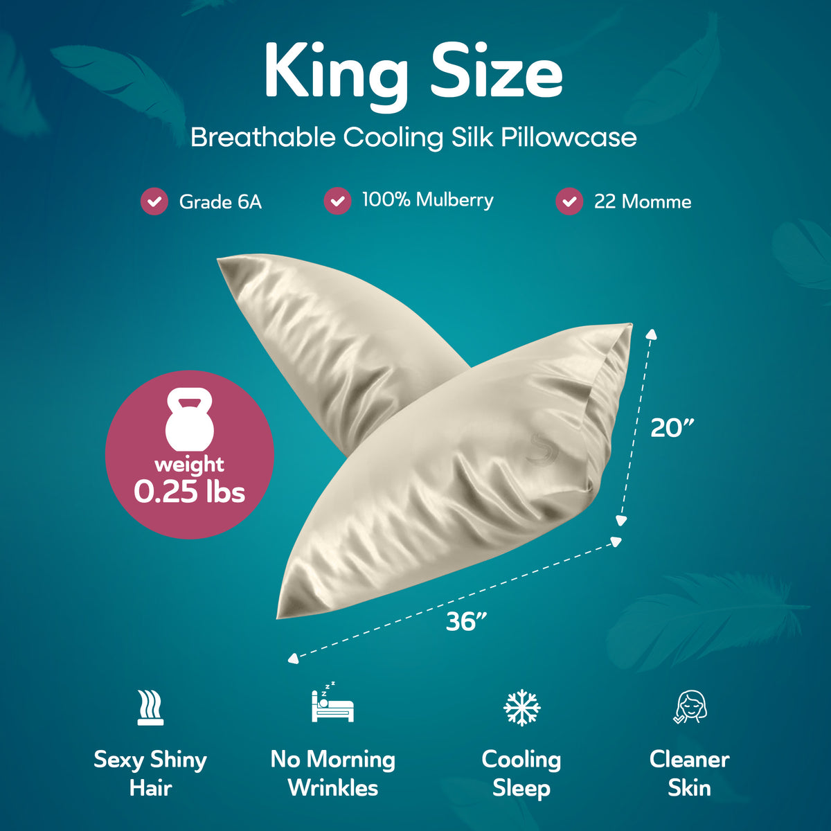 Sleepgram Regular King Size Cooling Grade 6A Silk Pillowcase, White (Open Box)