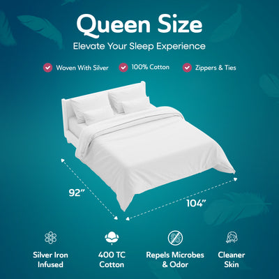 Sleepgram Supima 400 Thread Count Cotton Duvet Cover w/ Travel Bag, Queen, White - VMInnovations