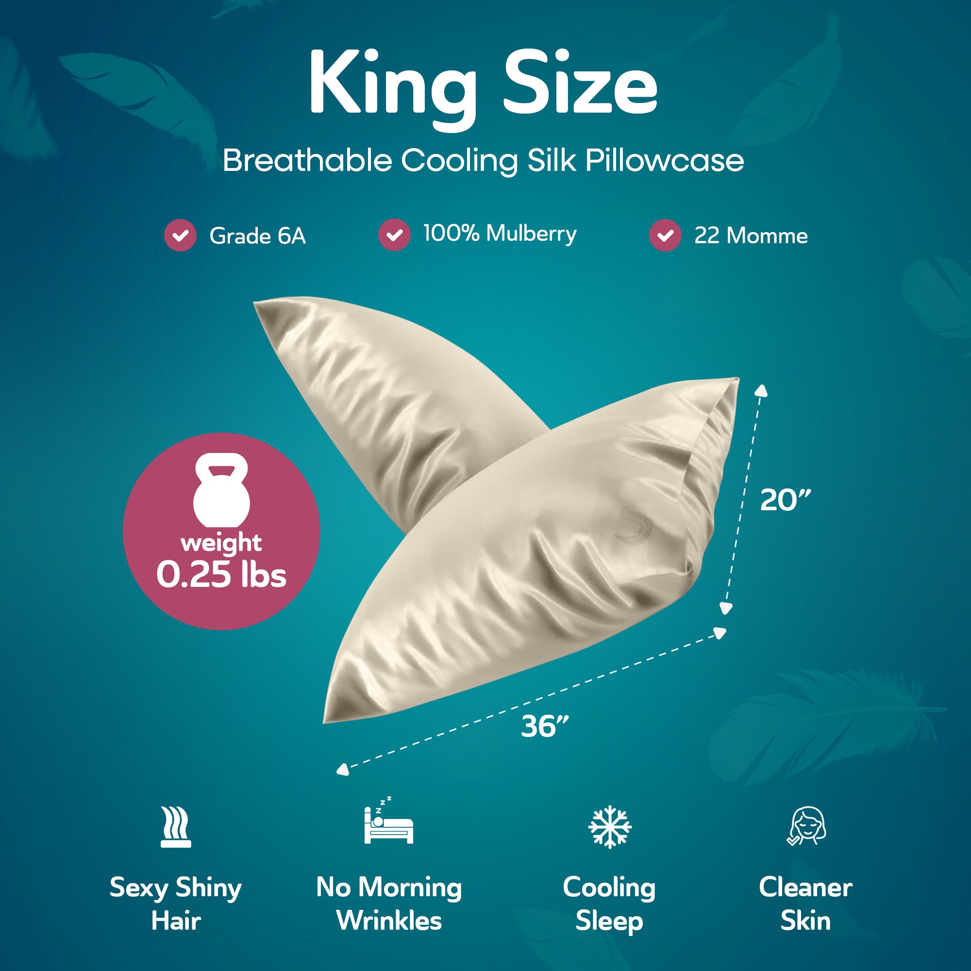 Sleepgram King Size Breathable Cooling Grade Silk Pillowcase, White (Used)