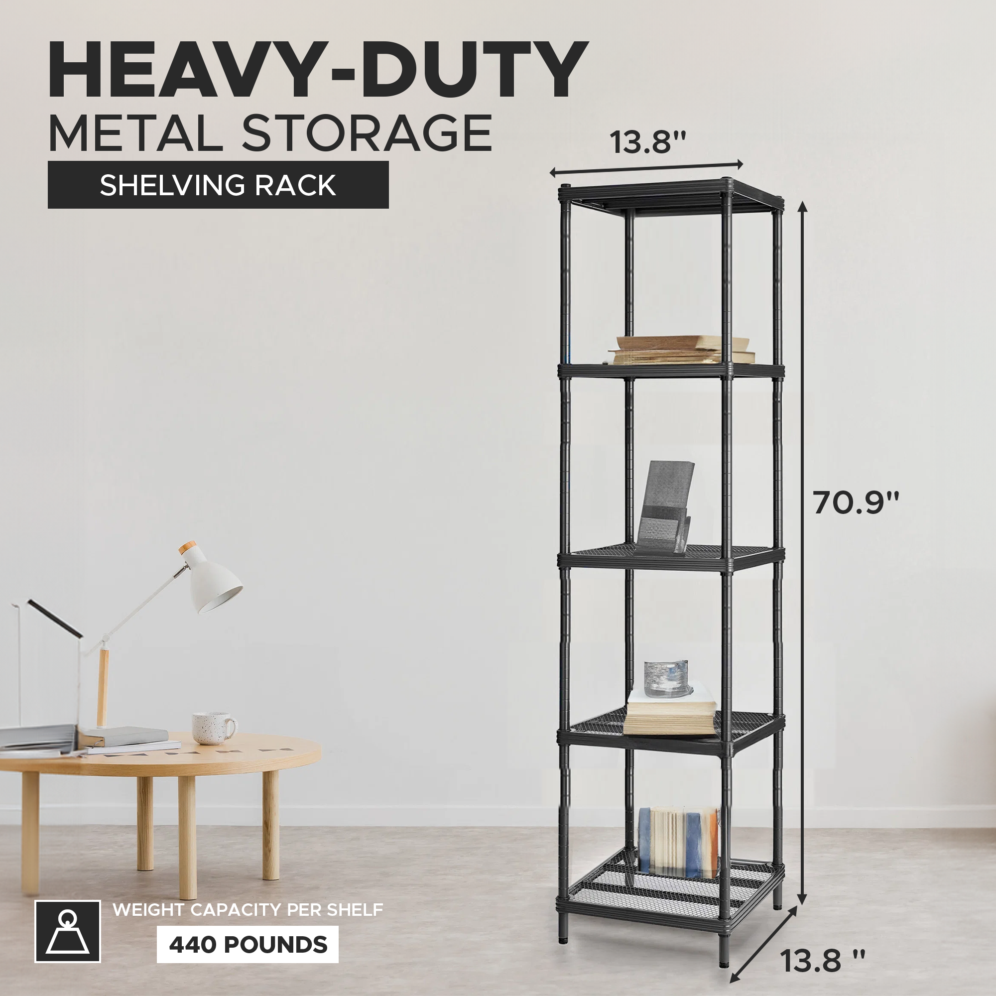 Design Ideas MeshWorks 5 Tier Tower Metal Storage Shelving Unit Rack, Black - VMInnovations