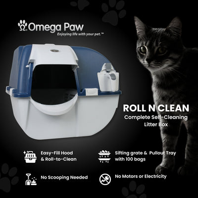 Omega Paw Roll N Clean Self Cleaning Litter Box and 100 Bags, Blue (For Parts)