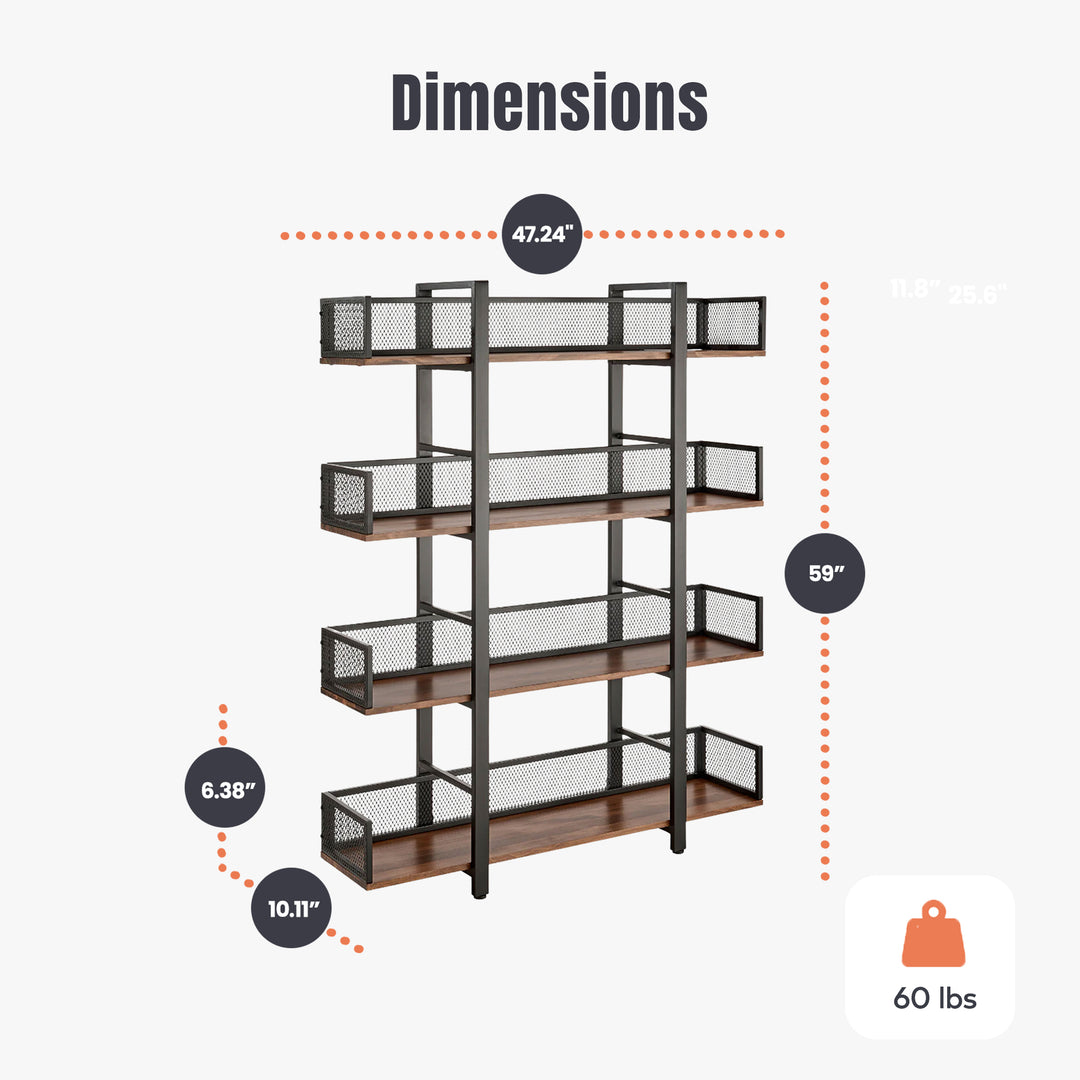 Sturdis 4 Tier Solid Wood Metal Industrial Bookshelf with Mesh Barriers, Black