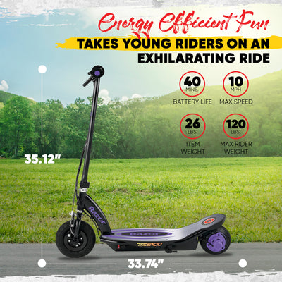 Razor Power E100 Electric Scooter w/Aluminum Deck & Hand Brake, Purple(Open Box)