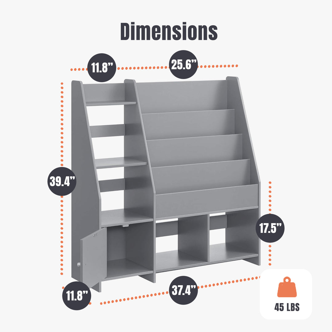 Sturdis Modern Round Edge Wooden Durable Kids Bookshelf with Step Shelves, Gray - VMInnovations
