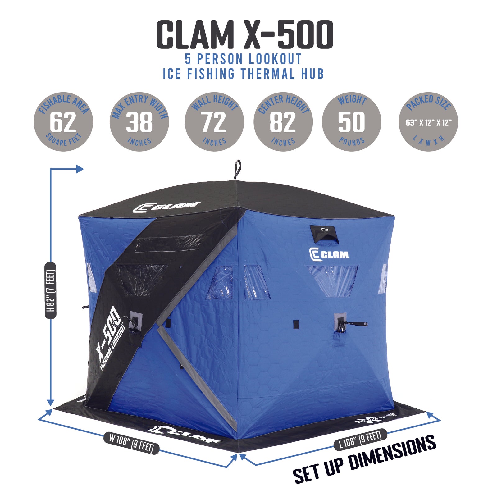 CLAM X-500 Portable 9 Ft 5 Person Lookout Ice Fishing Thermal Hub Shelter Tent - VMInnovations