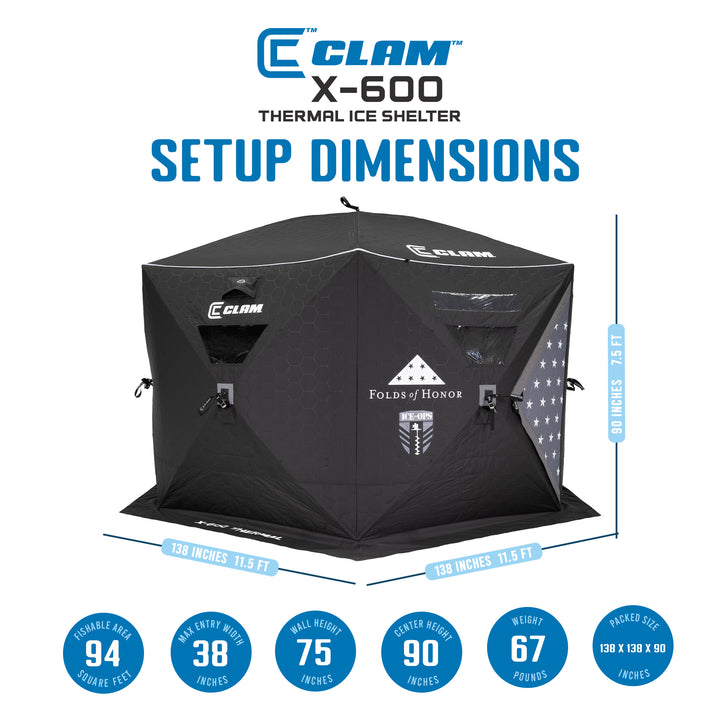 Clam Thermal Ice Shelter 6 Person Insulated Winter Fishing Hub Tent X-600, Black