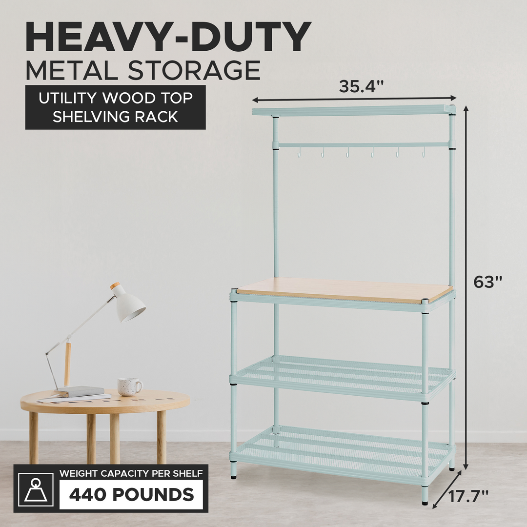 Design Ideas MeshWorks Metal Storage Utility Wood Top Shelving Unit Rack, Green