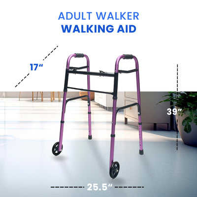 Lumex Everyday Adult Walker Walking Aid with 5" Front Wheels & Glide Tips, Plum - VMInnovations