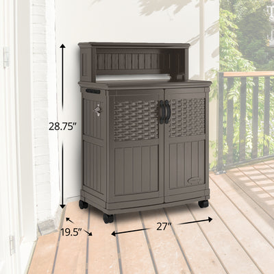 Suncast Patio Plastic Storage and Prep Station with Wicker Pattern, Stoney Gray