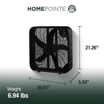 HomePointe 20" Indoor Sleek Plastic Box Fan with 3 Speed Settings, Black (Used)