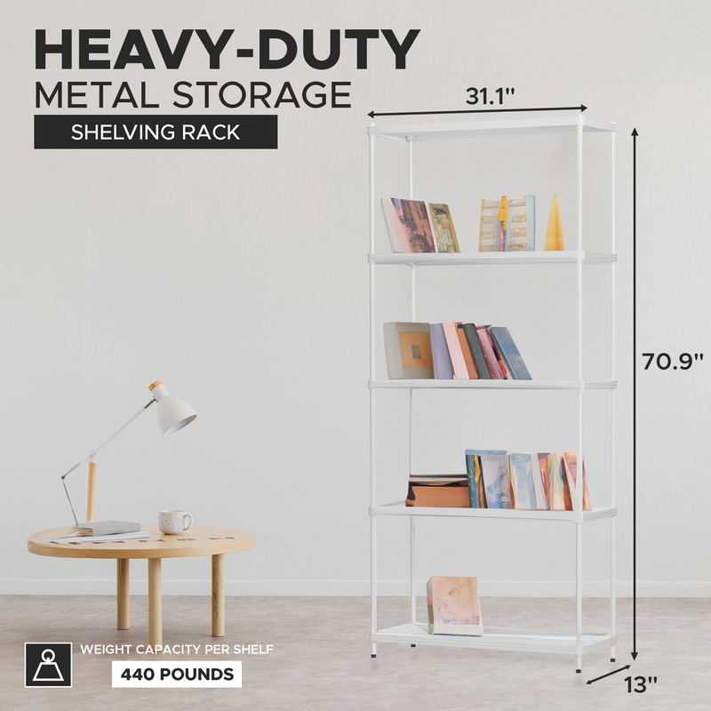 Design Ideas 5 Tier Metal Storage Shelving Unit Rack Bookshelf, White (Open Box)