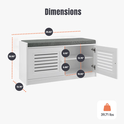 Shoe Storage Bench w/ Adjustable Shelves & Cushioned Seat, White (Open Box)