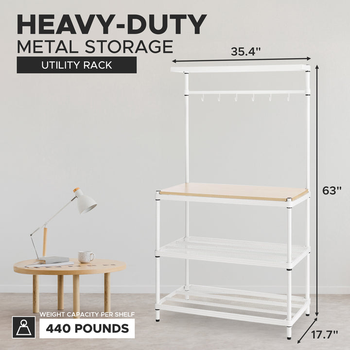 Design Ideas MeshWorks Metal Storage Utility Wood Top Shelving Unit Rack, White - VMInnovations