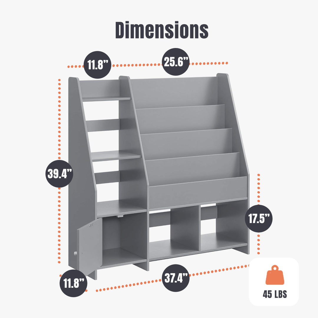 Sturdis Modern Round Edge Wooden Durable Kids Bookshelf with Step Shelves, Gray