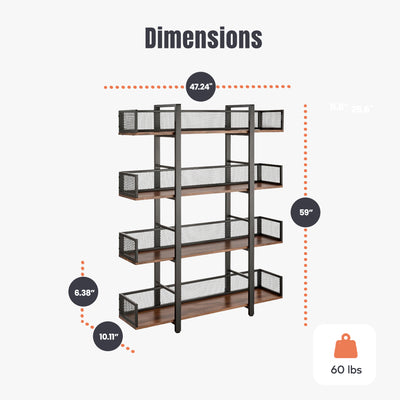 Sturdis 4 Tier Solid Wood Metal Bookshelf with Mesh Barriers, Black (Open Box)