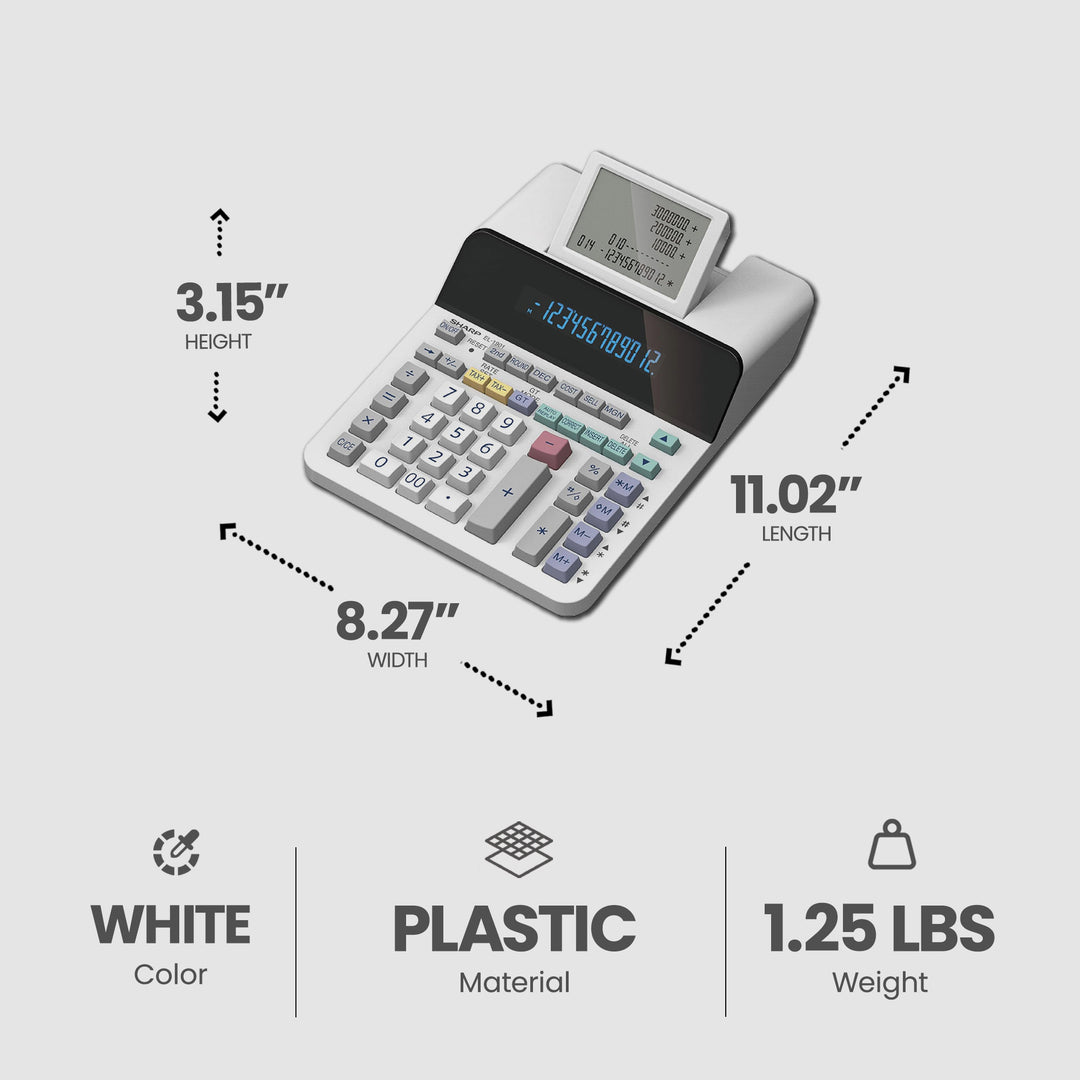 Sharp EL-1901 Digital Paperless Printing Calculator with 12 Digit Display, White - VMInnovations
