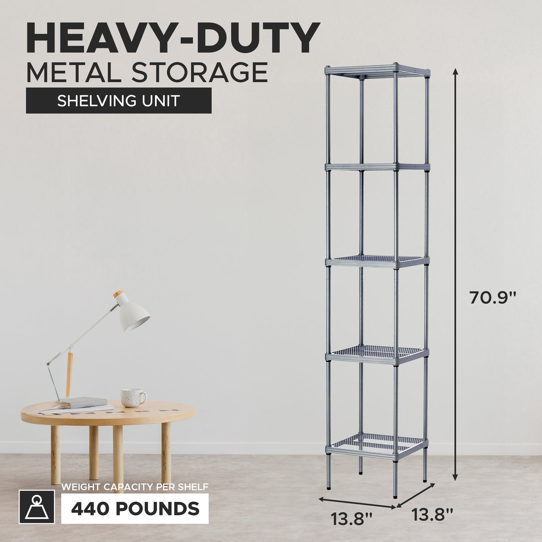 Design Ideas MeshWorks 5 Tier Tower Metal Storage Shelving Unit Rack, Silver