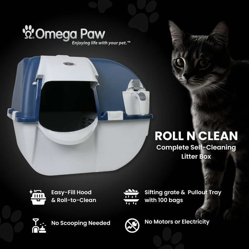 Omega Roll N Clean Complete Self Cleaning Litter Box & 100 Bags, Blue (Open Box)