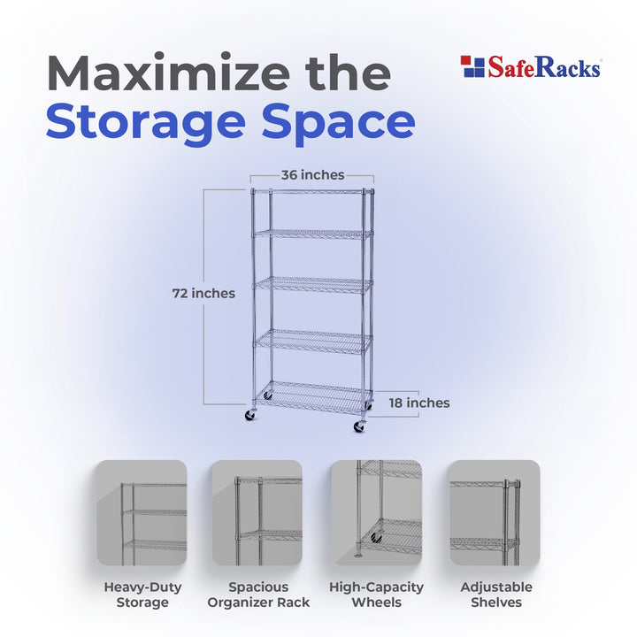 SafeRacks 18 x 36 x 72" 5 Tier Steel Wire Storage Shelving Rack w/Wheels, Silver