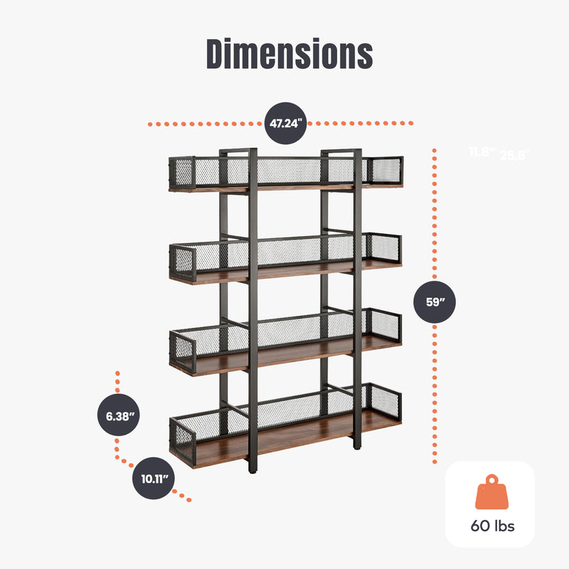 Sturdis 4 Tier Solid Wood Metal Bookshelf with Mesh Barriers, Black (Used)