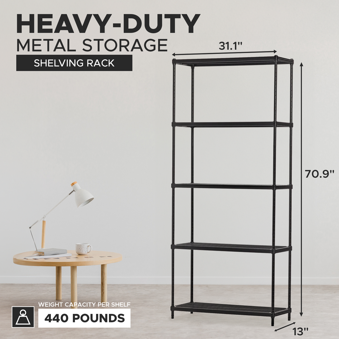 Design Ideas MeshWorks 5 Tier Metal Storage Shelving Unit Rack Bookshelf, Black