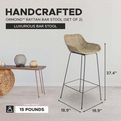 texxture 2 Pack Ormond Woven Rattan Bar Stool Metal Legs Home Furniture, Natural