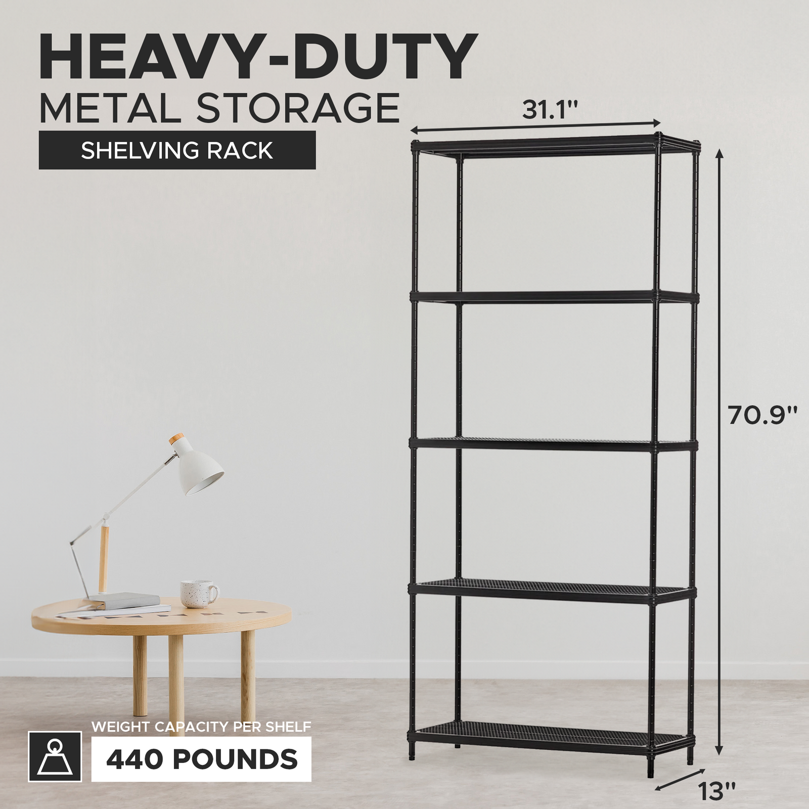 Design Ideas MeshWorks 5 Tier Metal Storage Shelving Unit Rack Bookshelf, Black - VMInnovations