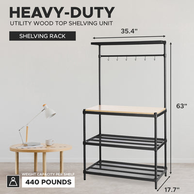 Design Ideas Metal Storage Utility Wood Top Shelving Unit Rack, Black (Used) - VMInnovations