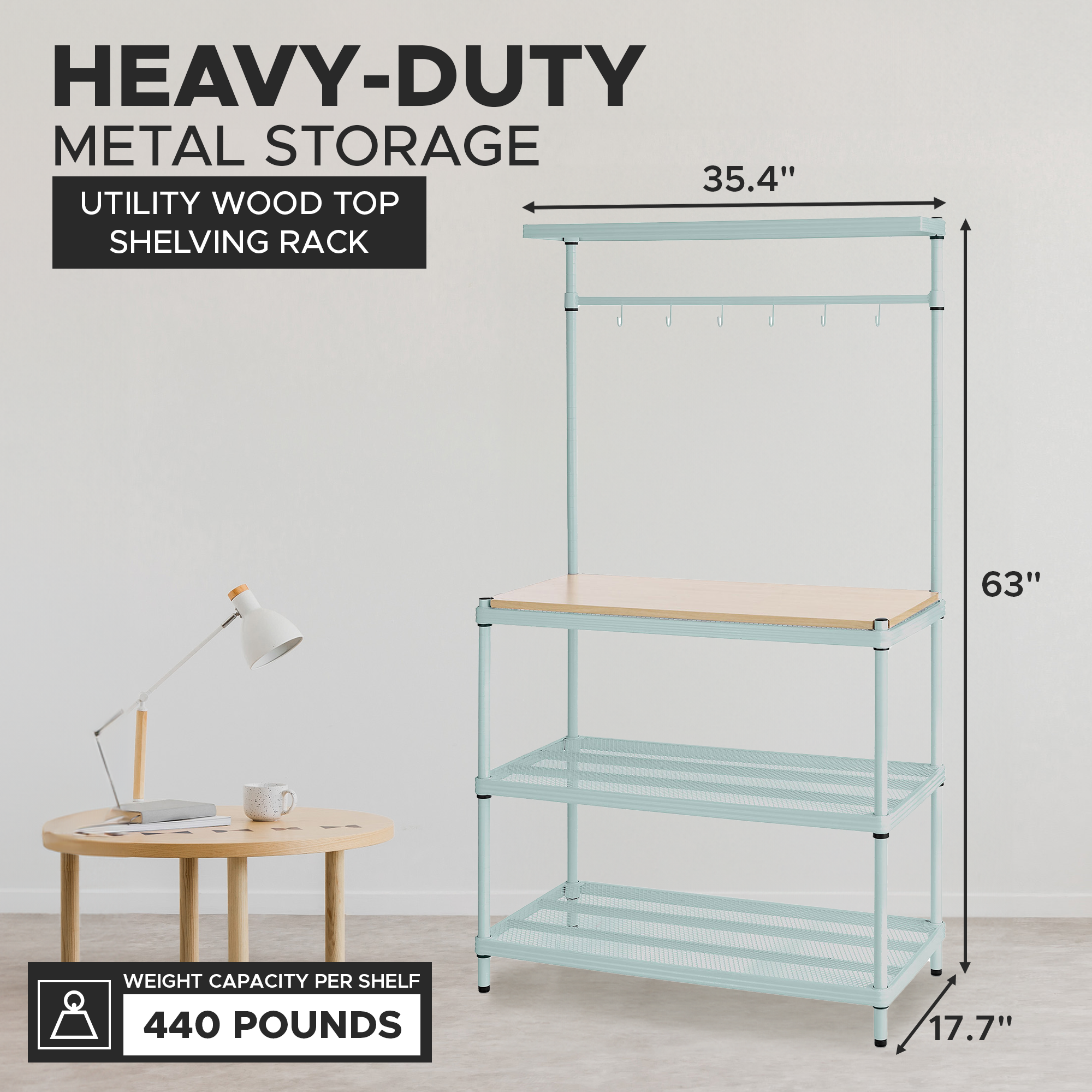 Design Ideas MeshWorks Metal Storage Utility Wood Top Shelving Unit Rack, Green - VMInnovations