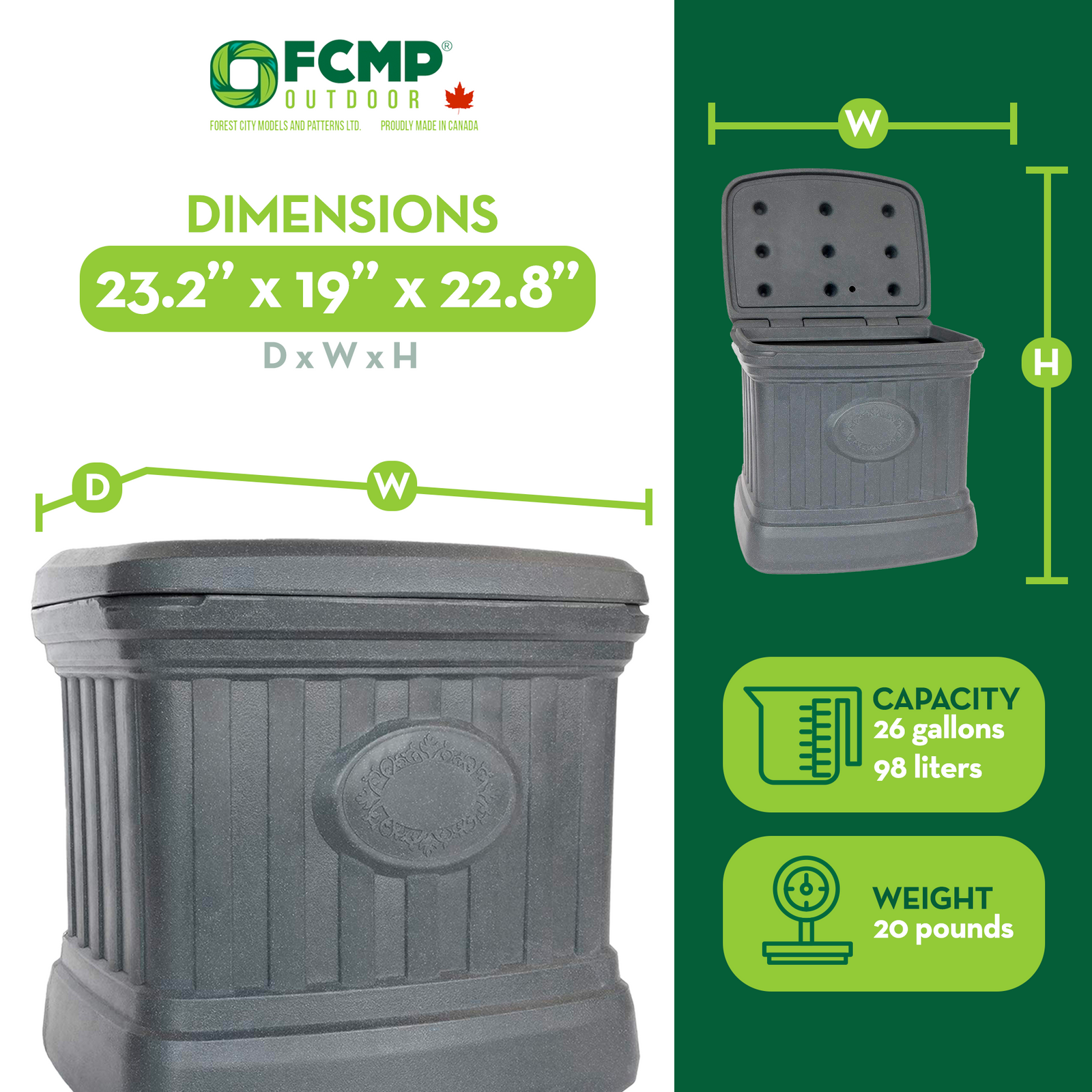 FCMP Outdoor SB120-GRY-S 26 Gallon Outdoor Utility Storage Bin Container, Gray - VMInnovations