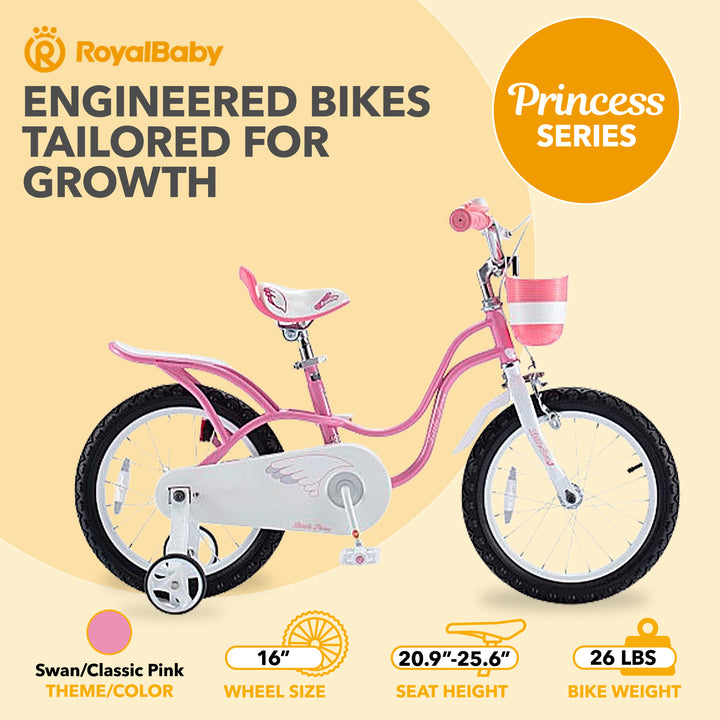 RoyalBaby Princess Bicycle 16" w/Training Wheels & Kickstand, Pink (Open Box)