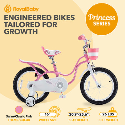 RoyalBaby Princess Girl Bicycle 16" with Training Wheels & Kickstand, Swan/Pink - VMInnovations