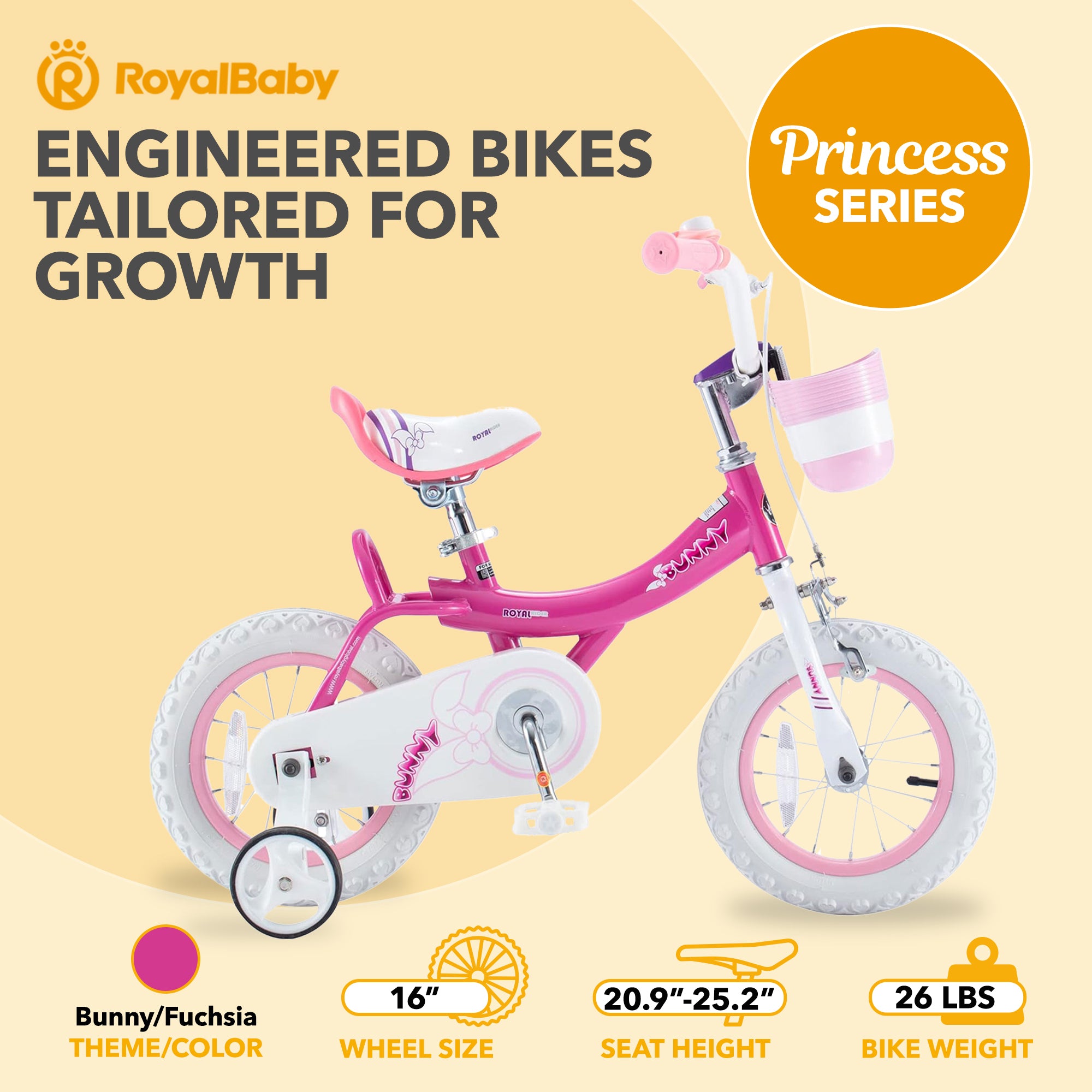 RoyalBaby Princess Girl Bike 16" w/Training Wheels & Kickstand, Bunny/Fuchsia - VMInnovations